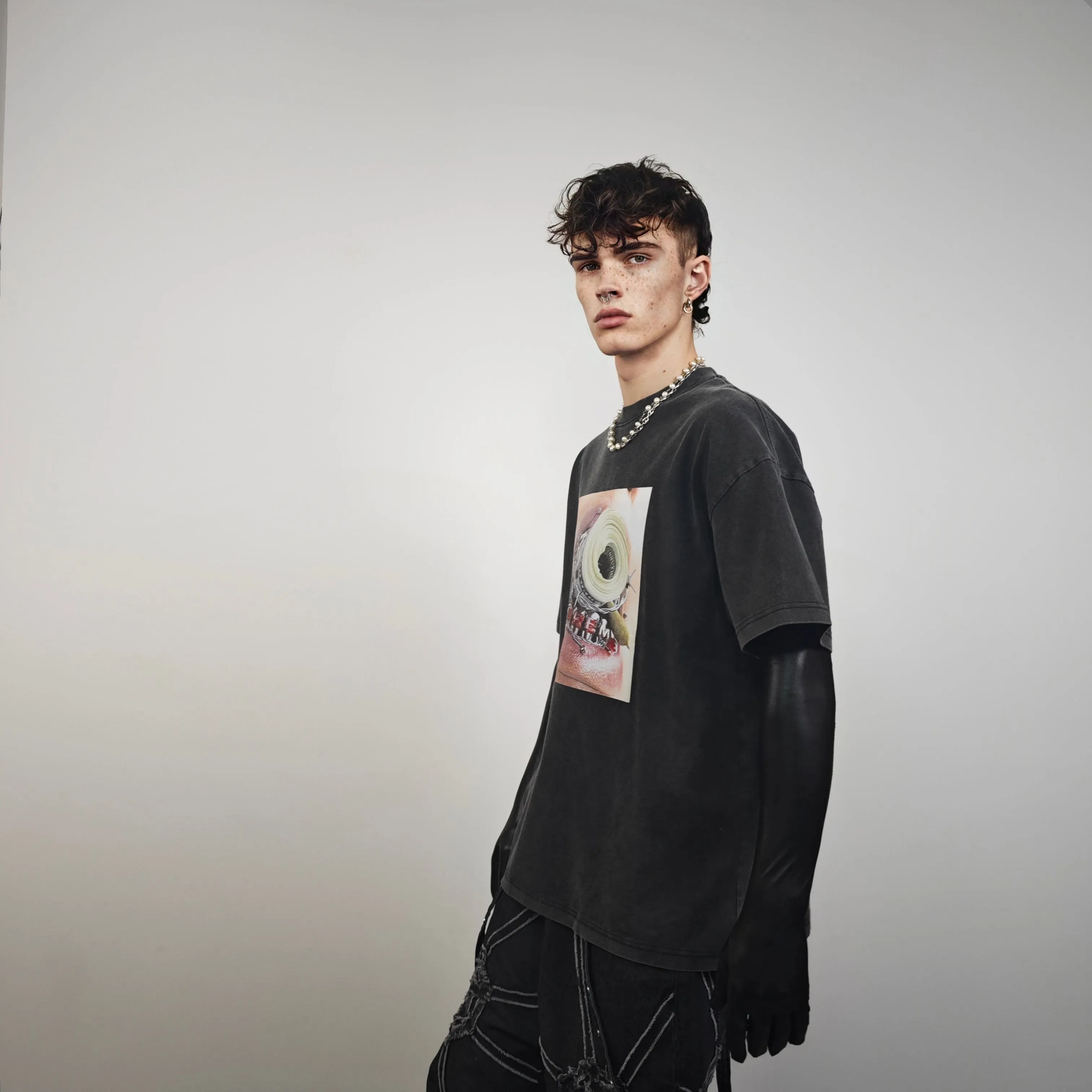 Crooked teeth t-shirt braces print tee hip-hop top acid grey