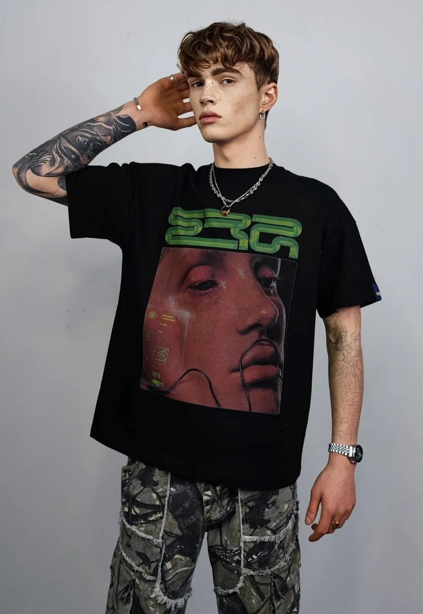 Cyberpunk t-shirt techno tee futuristic print top in black