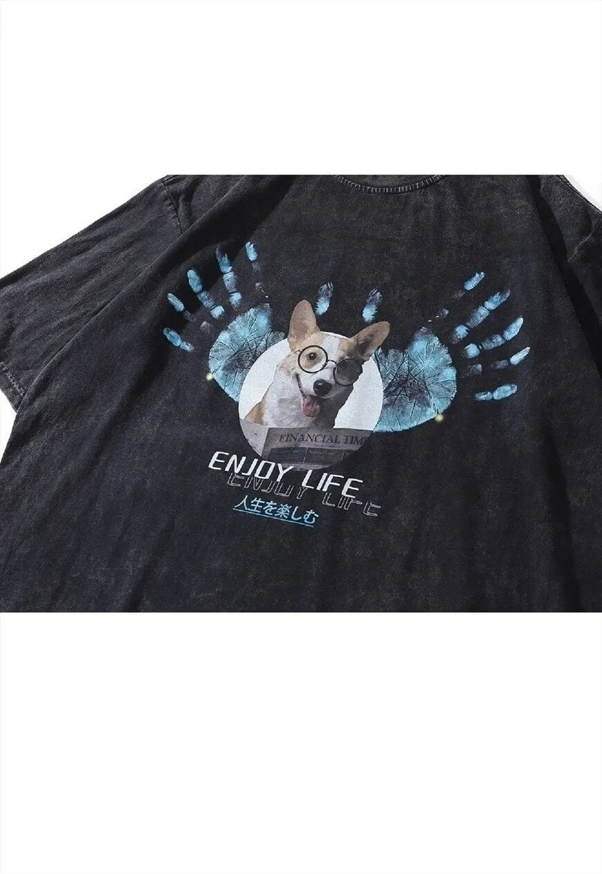 Dog print t-shirt grunge Akita tee retro top in acid grey