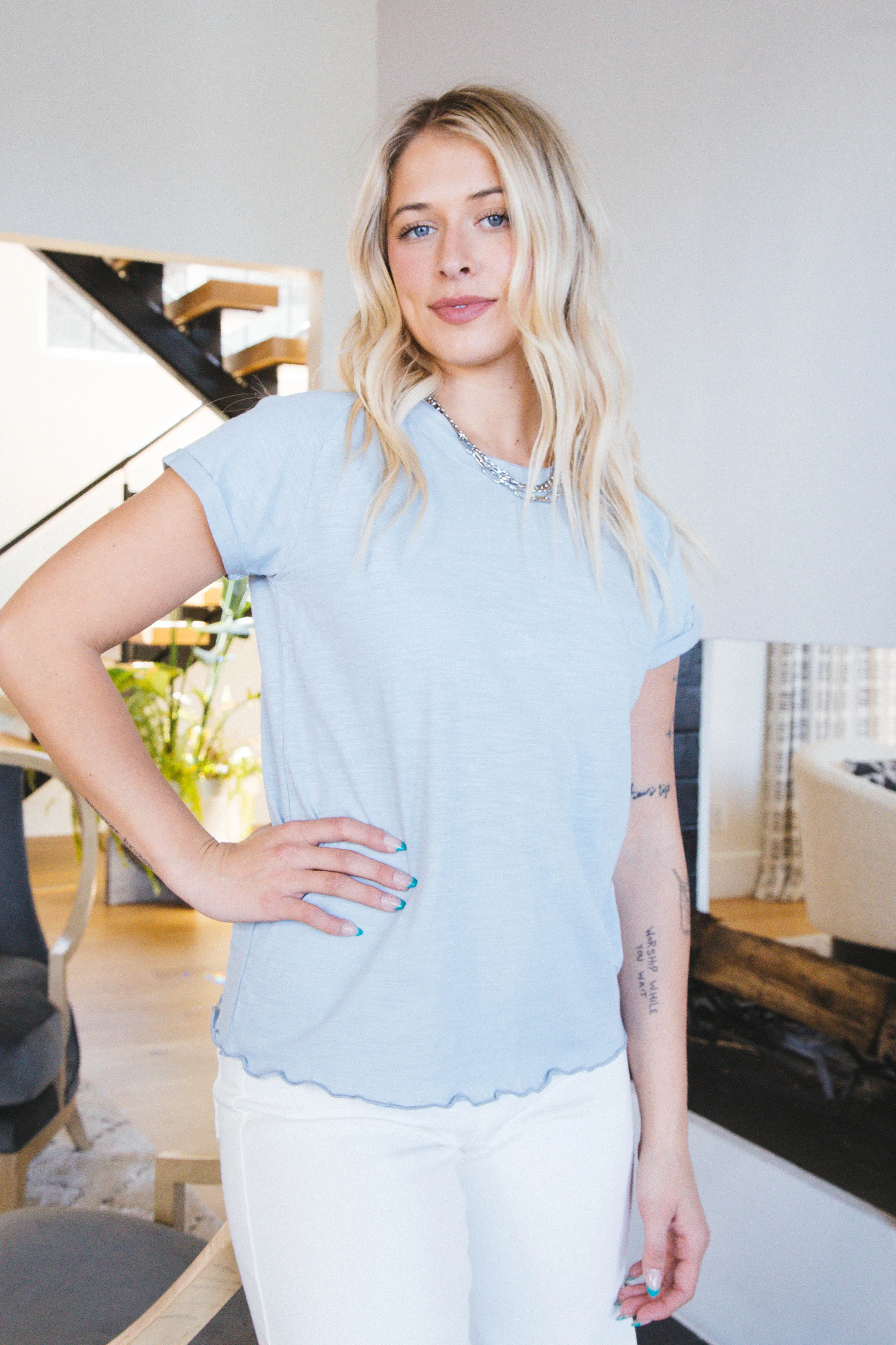 Josephine Lettuce Hem Baby Tee, Skies