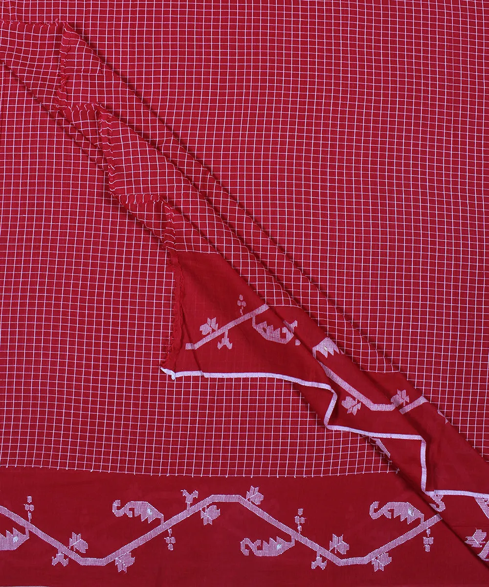 Red handwoven jamdani cotton check bordered fabric