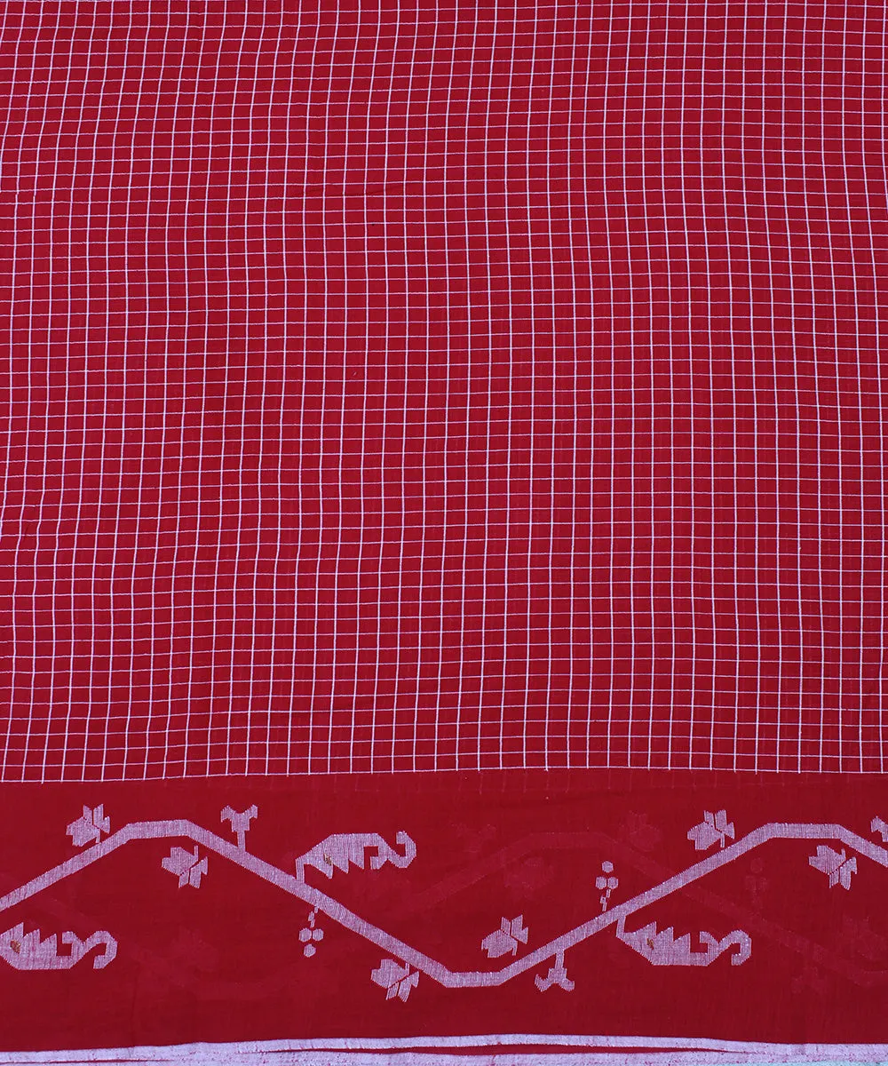 Red handwoven jamdani cotton check bordered fabric