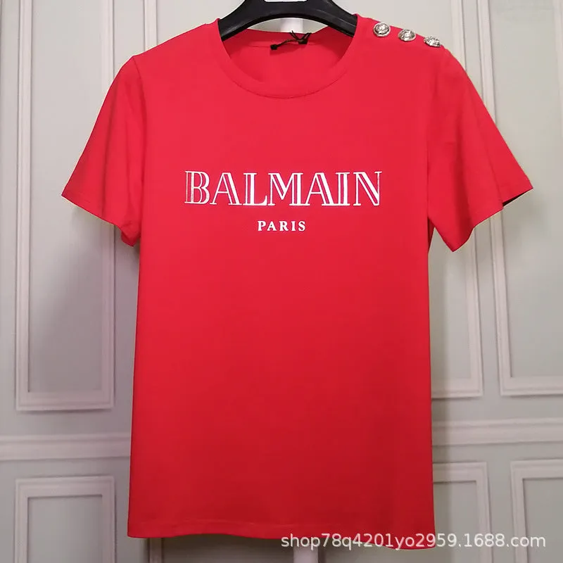 T Shirt Balmain T-shirt Short Sleeve Women's Clothing Cotton round Neck Letter Half Sleeve