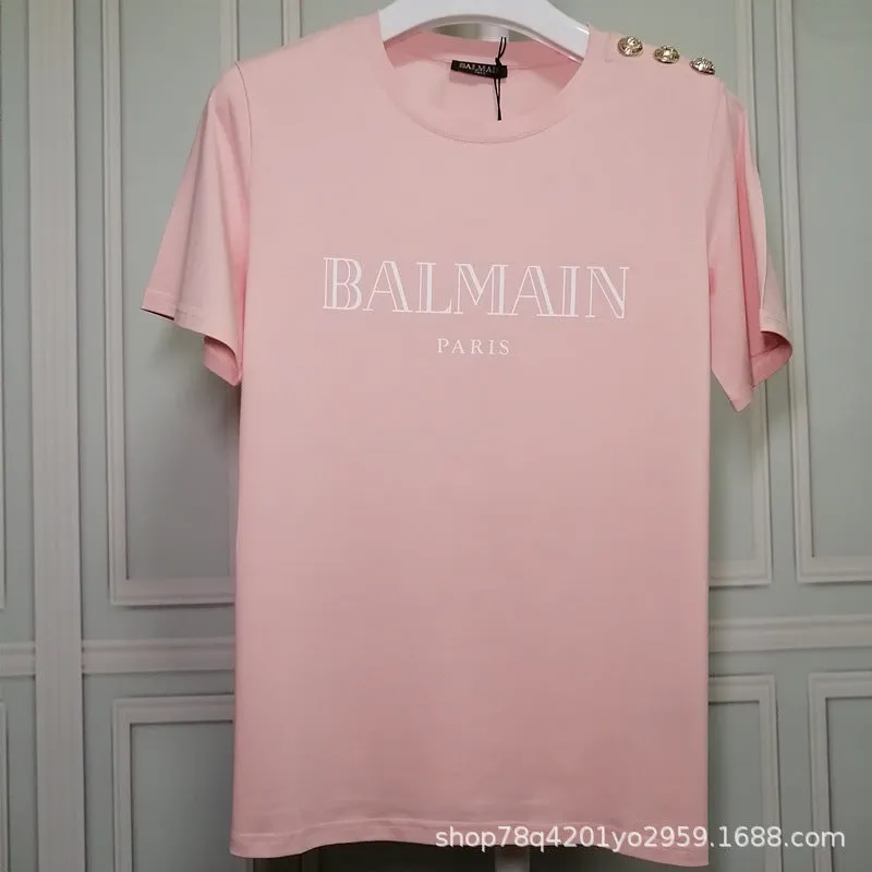 T Shirt Balmain T-shirt Short Sleeve Women's Clothing Cotton round Neck Letter Half Sleeve