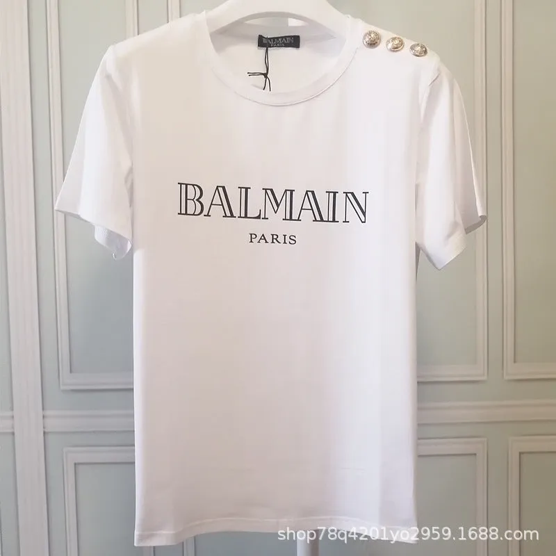 T Shirt Balmain T-shirt Short Sleeve Women's Clothing Cotton round Neck Letter Half Sleeve