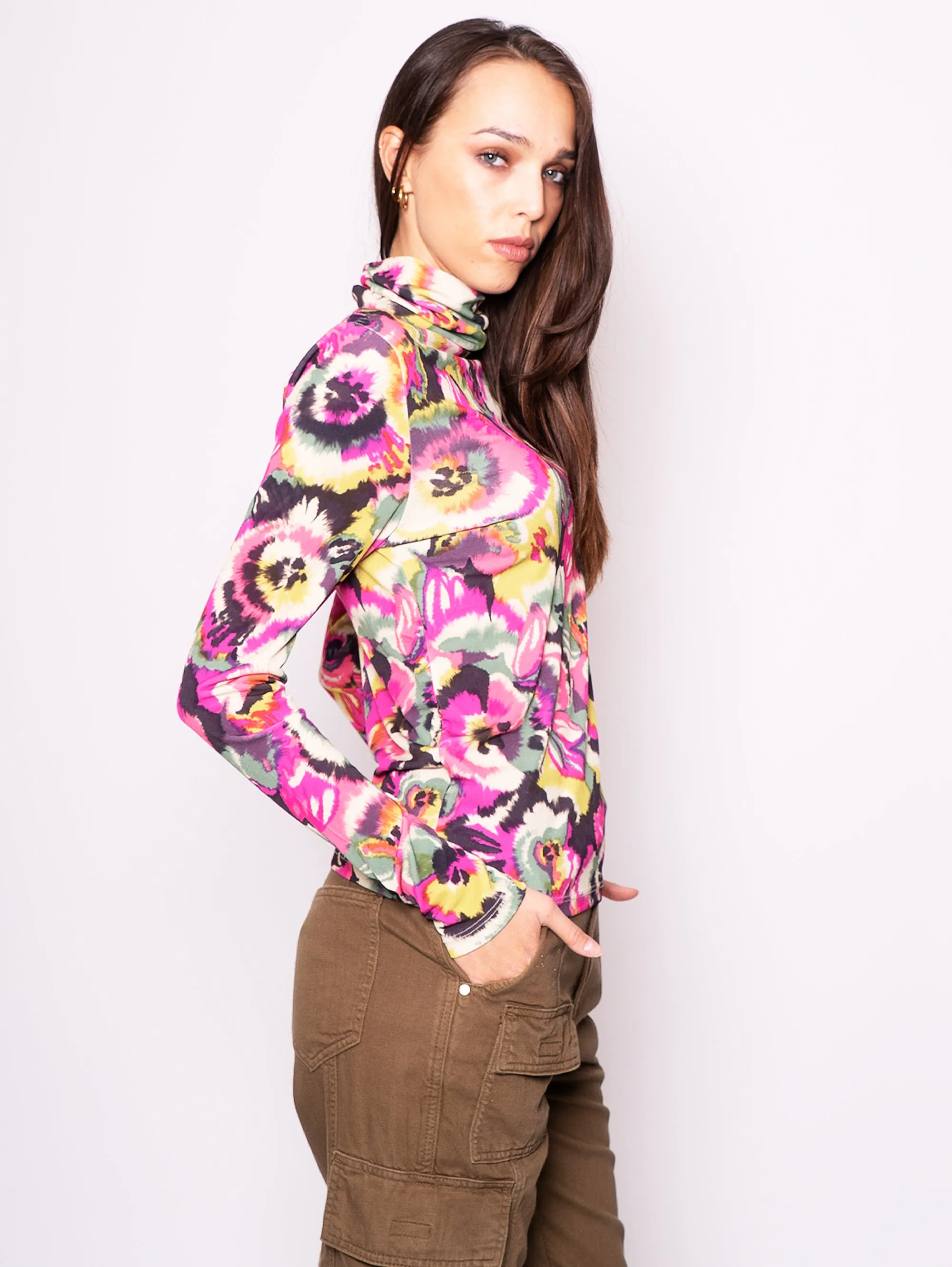 T-shirt Collo Alto con Stampa Floreale Rosa