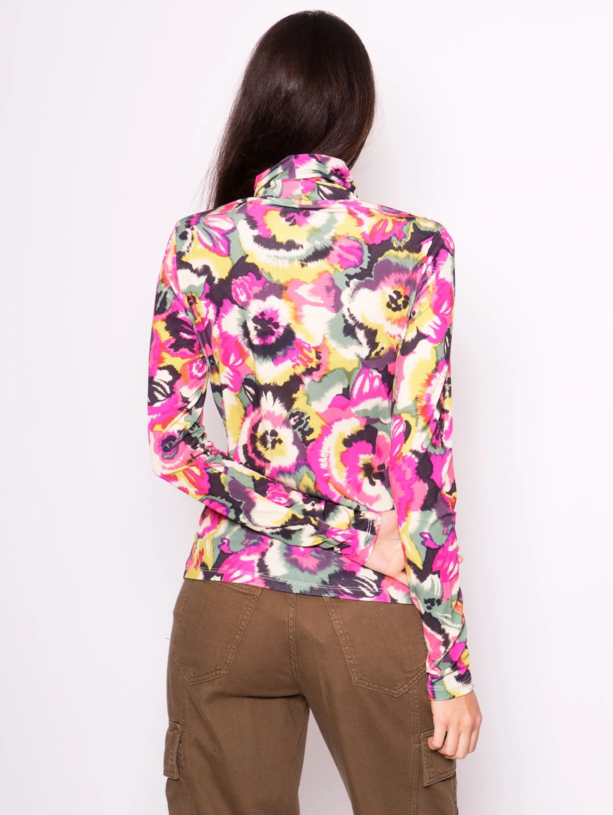 T-shirt Collo Alto con Stampa Floreale Rosa